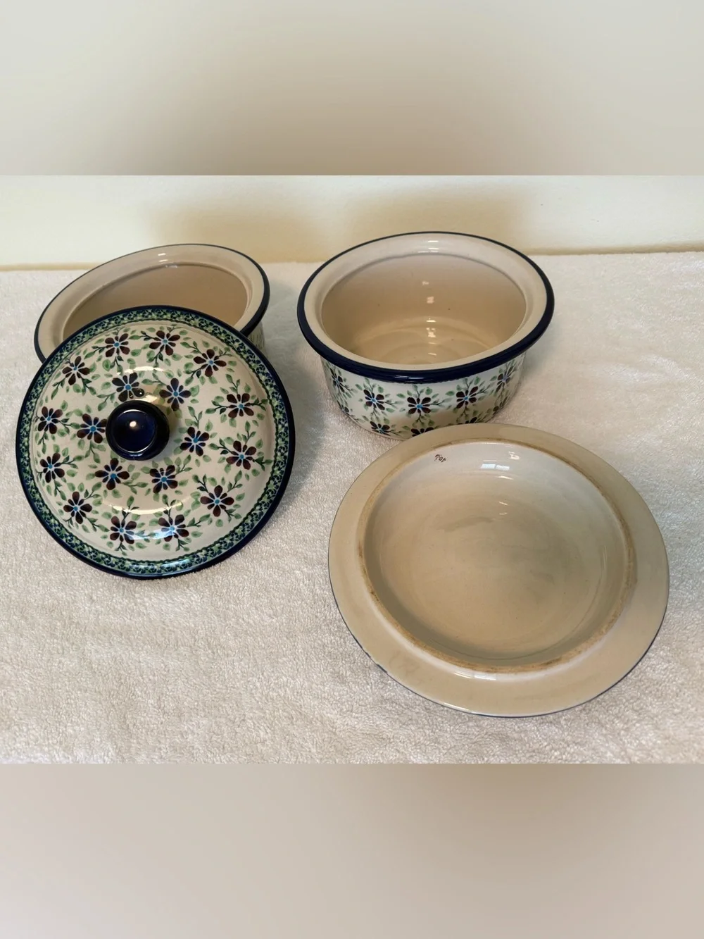 Polish Pottery Hand-Painted Floral 8” Covered Baking Dishes - Set of 2